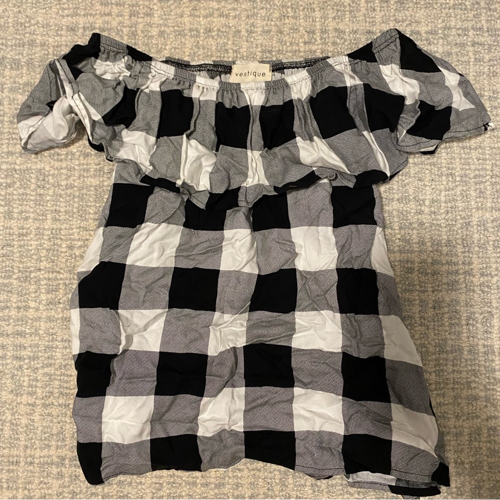 Vestique Black & White Checkered Off Shoulder Blouse